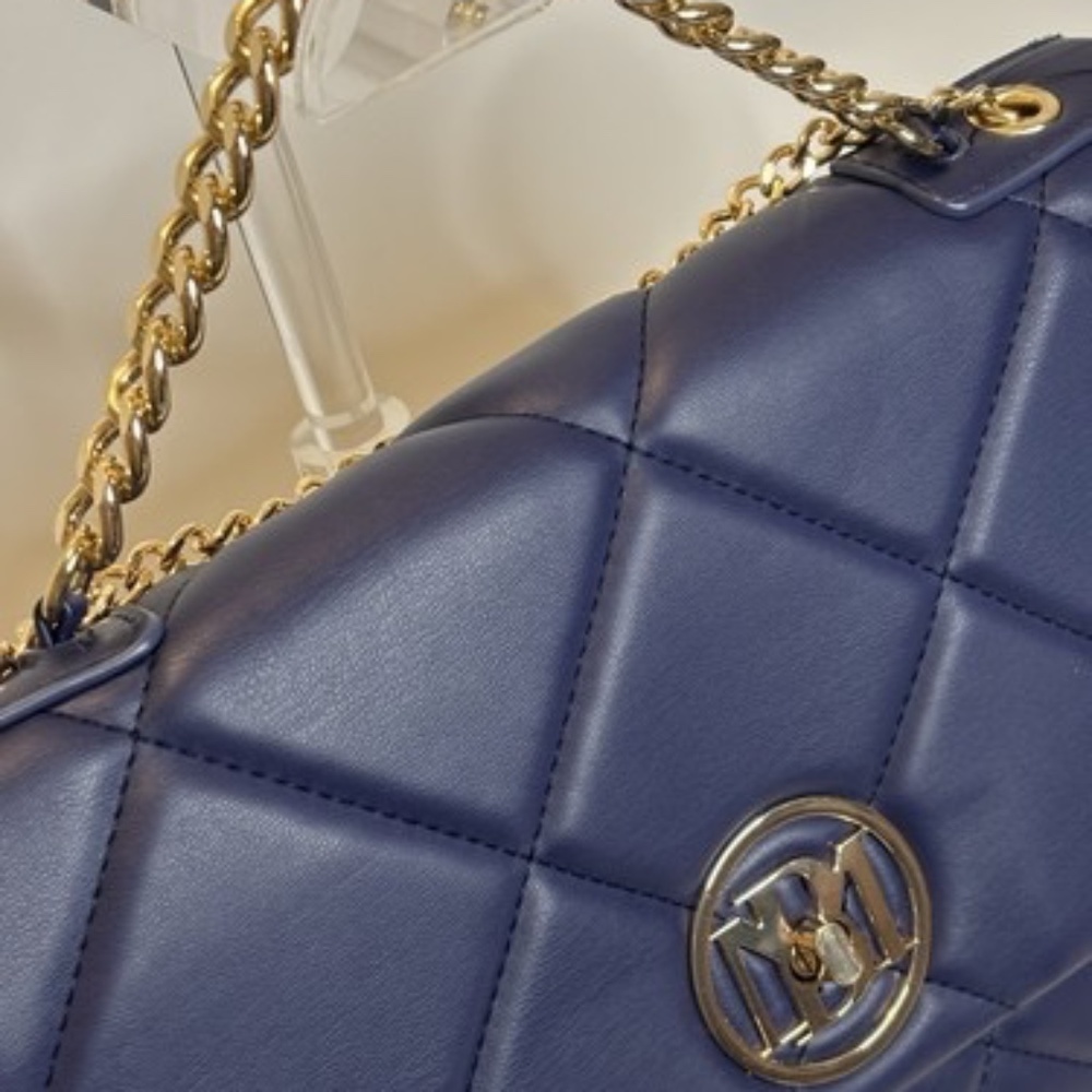 BADGLEY MISCHKA Quilted Navy Blue Letter Lock Bag with Chain Handle & Strap NWT